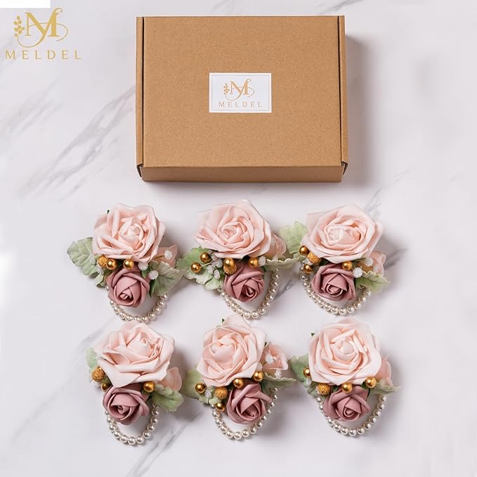 Meldel Dusty Pink Wrist Corsage,Set of 6, Homecoming Wrist Flower Girl/Mother Corsages Wristlet Perfect for Bride Bridesmaids Wedding Guests Hand Flower, Proms, Party, Ceremony Anniversary