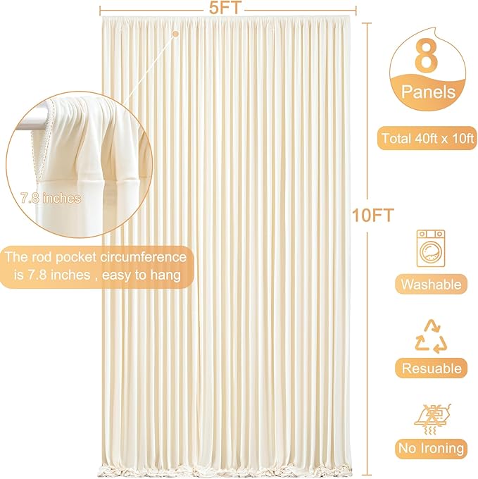 8 Panels Champagne Backdrop Curtain for Parties Wedding Baby Shower Wrinkle Free Photo Curtains Backdrop Drapes Fabric Decoration for Bridal Shower 40ft(W) x 10ft(H)