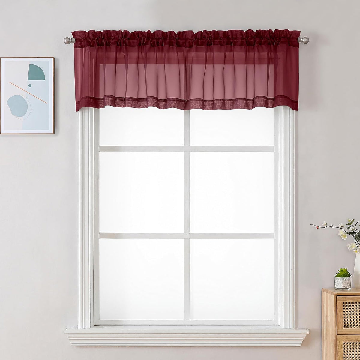 Chyhomenyc Sheer Valances for Windows 2 Pack, 42W x 14L inches Small Window Curtains for Living Room Bathroom Cafe Laundry Basement, Modern Top Dual Rod Pocket Voile Curtain, Burgundy