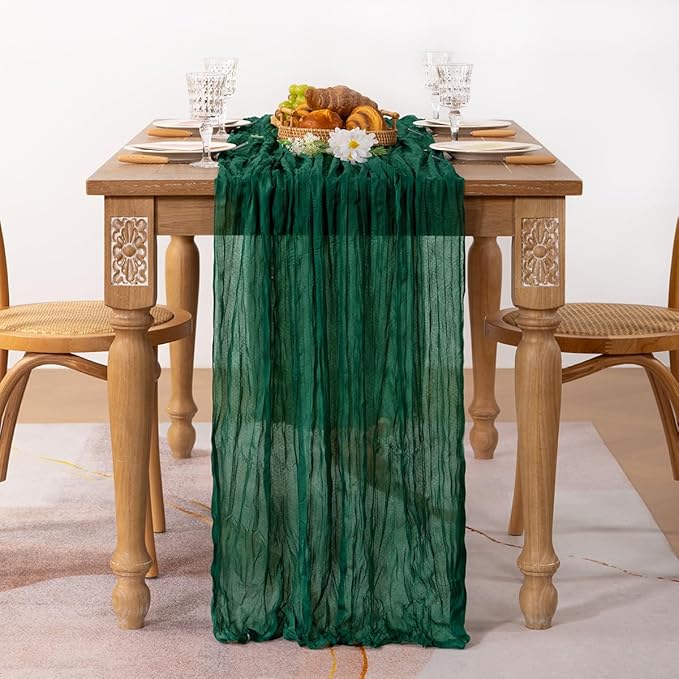 MLMC 3 Pack Emerald Green Cheesecloth Table Runner Boho Dark Green Cheese Cloth Table Runner 10ft Sheer Gauze Cheesecloth Decorations for Wedding Home Party Christmas Decor