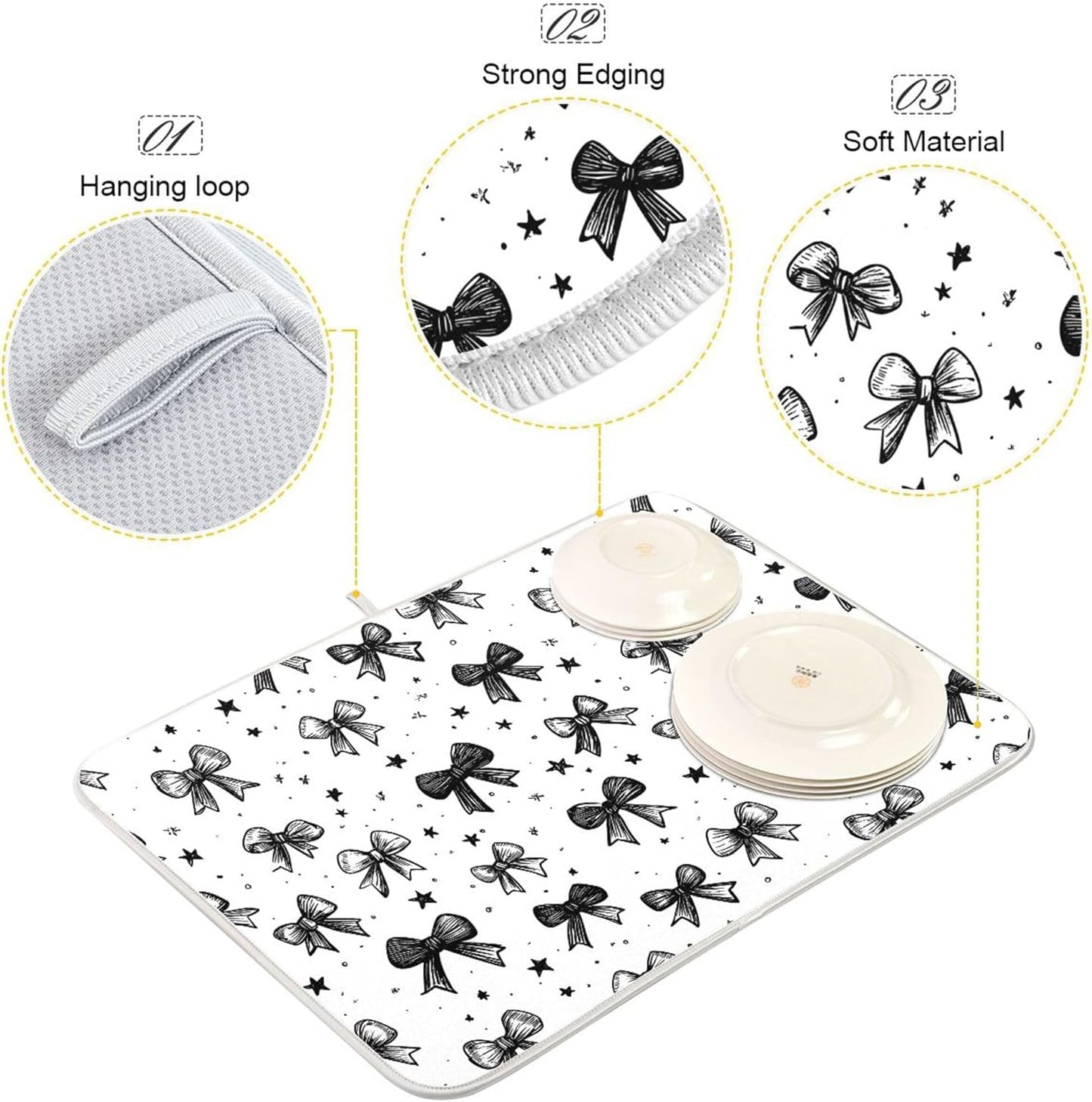 Black White Bowknot Dish Drying Mat for Kitchen Countertop 16x18 Rectangle Bow Small Drying Mat Reusable Quick Dry Dish Sink Absorbent Mats Dishwasher Easy Clean Decorative Home Decor Essentials