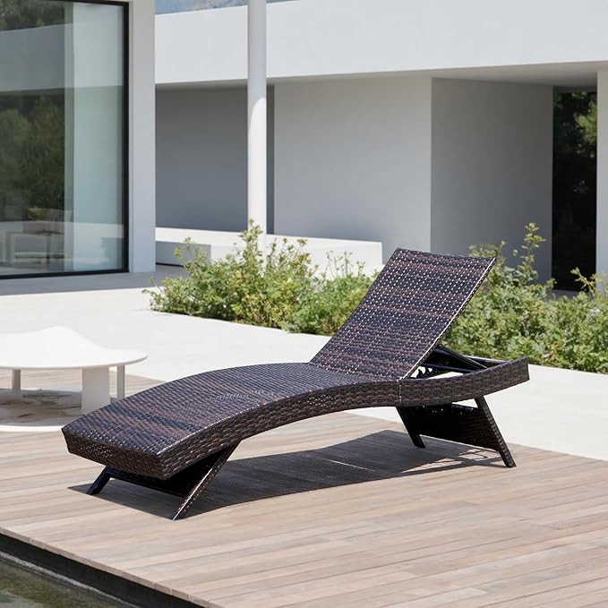 Folding Patio Chaise Lounge (Set of 1 Chair), Foldable Long Reclining Patio Seating Chairs, Outdoor Wicker Lounge Chair, Rattan Chaise Lounge Lawn Sunbathing Chairs Beach Pool Backrest Recliners