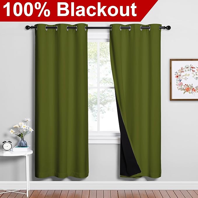 NICETOWN 100% Blackout Window Curtain Panels, Olive Green, 2 Pieces, 42-inch