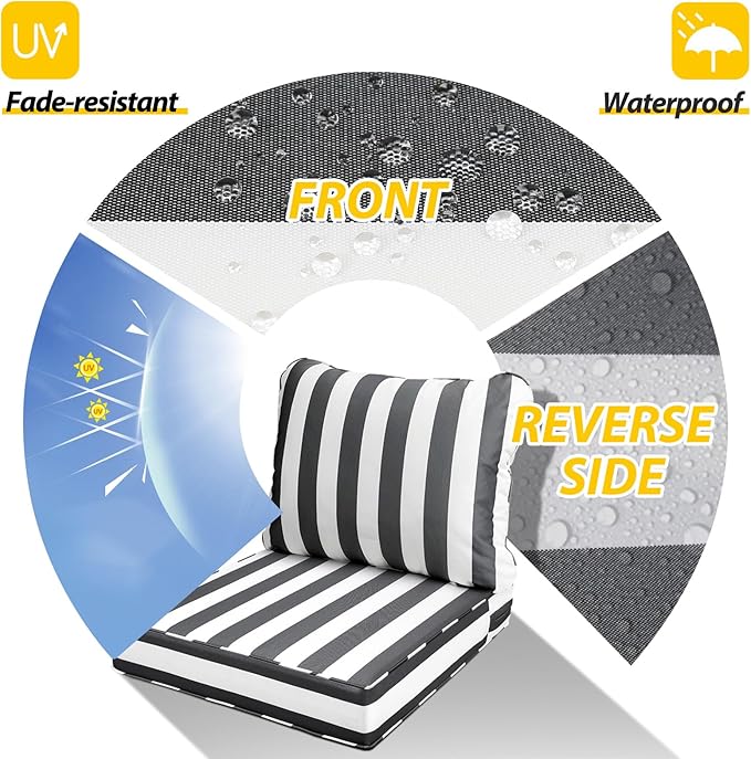 AAAAAcessories Outdoor Seat Cushions for Chairs, Fade-Resistant, Waterproof Patio Furniture Replacement Cushions, 25.5" x 25.5" x 5" + 25.5" x 19", Gray Cabana Stripe