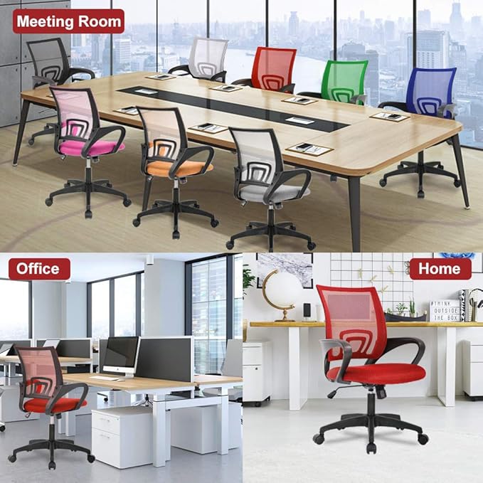 BestOffice | Ergonomic Office Chair | Mid-Back Swivel Desk Chair | Breathable Backrest & Lumbar Support | Adjustable Height | Sponge Seat | Rolling Wheels | Red | for Adults & Women