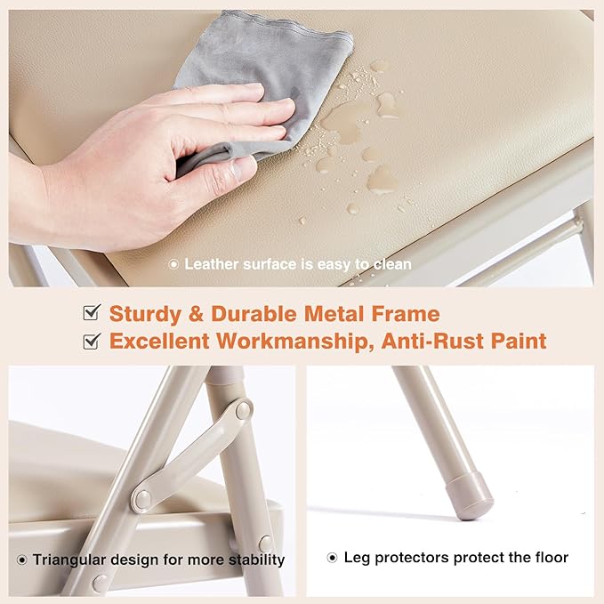 Sweetcrispy Folding Chair 4 Pack, Leather Padded Foldable Chairs, Sturdy Metal Portable Chairs, Easy to Use and Store, Outdoor and Indoor, for Home, Office, Party, Garden, Kahki