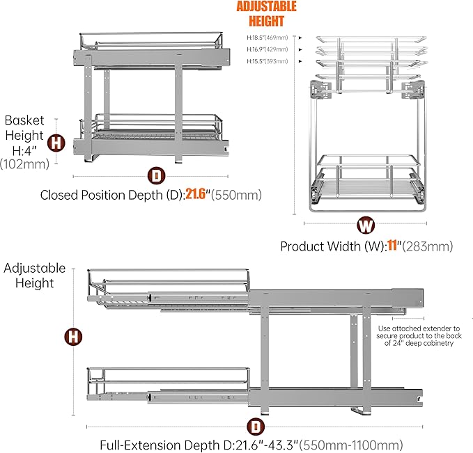 2 Tier Pull Out Cabinet Organizer (11" W x 22" D), Roll Out Shelves and Drawer for Kitchen Pantry Storage Basket, Heavy-Duty Metal Sliding Shelf
