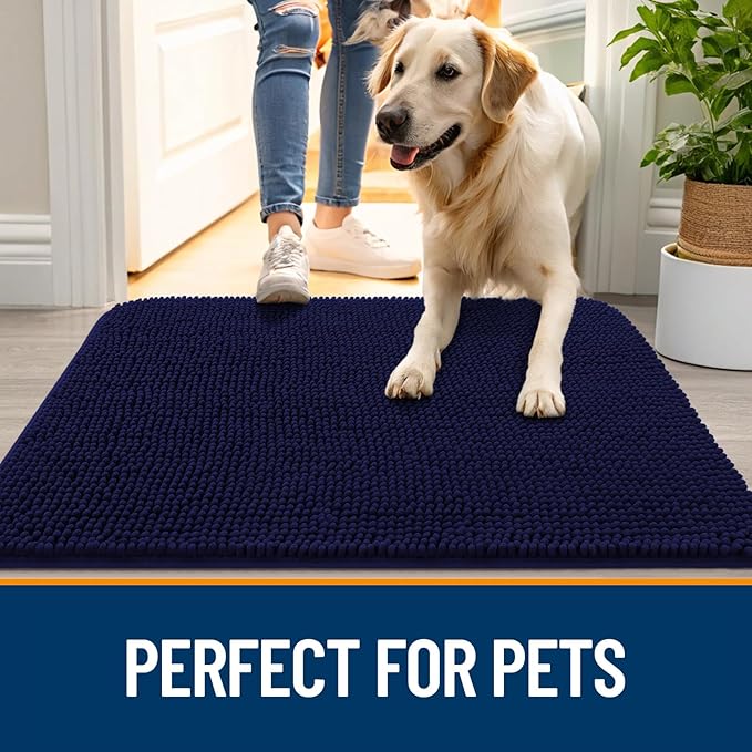 OLANLY Dog Door Mat for Muddy Paws 36x24, Absorbs Moisture and Dirt, Absorbent Non-Slip Washable Doormat, Quick Dry Chenille Mud Mat for Dogs, Entry Indoor Entryway Carpet for Inside Floor, Navy Blue