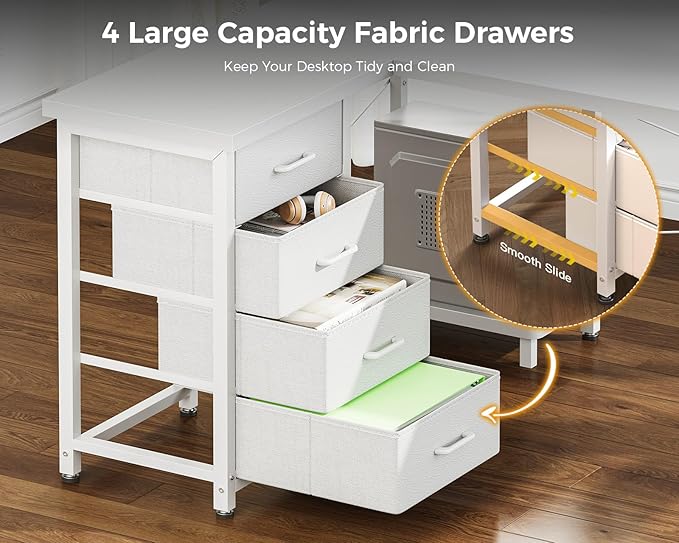 AODK L Shaped Gaming Desk with 4 Drawers, 61" Reversible Home Office Desks with Power Outlets, L Shaped Computer Desk with USB Charging Port and Host Stand, Corner Desk, Easy to Assemble, White