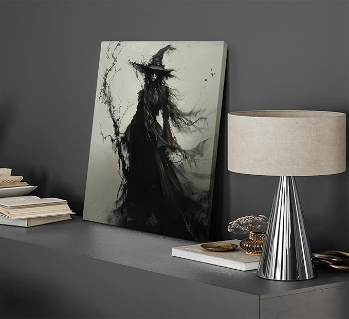 Vintage Halloween Witch Canvas Wall Art Creepy Witchy Macabre Dark Painting Picture Wall Decor Gothic Dark Academy Poster Print Artwork for Halloween Party Living room bedroom Home Decoration