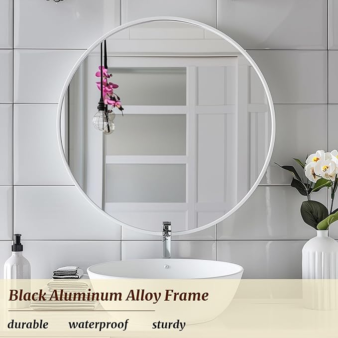 White Round Mirror 18 inch, Bathroom Mirror, Round Wall Mirrors