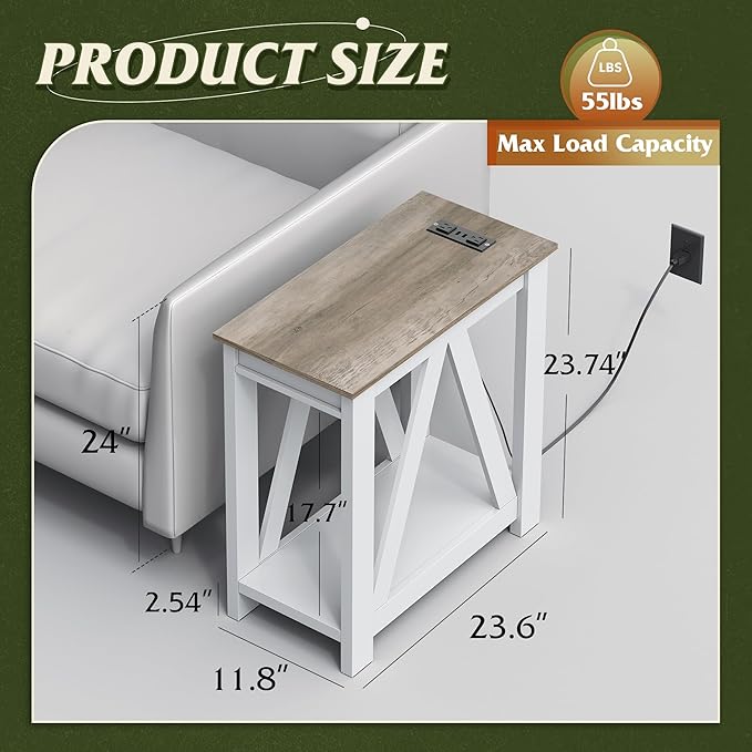 WLIVE Farmhouse End Table, Narrow Side Table with Charging Station, Slim End Table, Side Table for Bedroom, Living Room, Small Spaces, 2 USB and 2 Power Outlets, 11.8" D x 23.6" W x 23.74" H