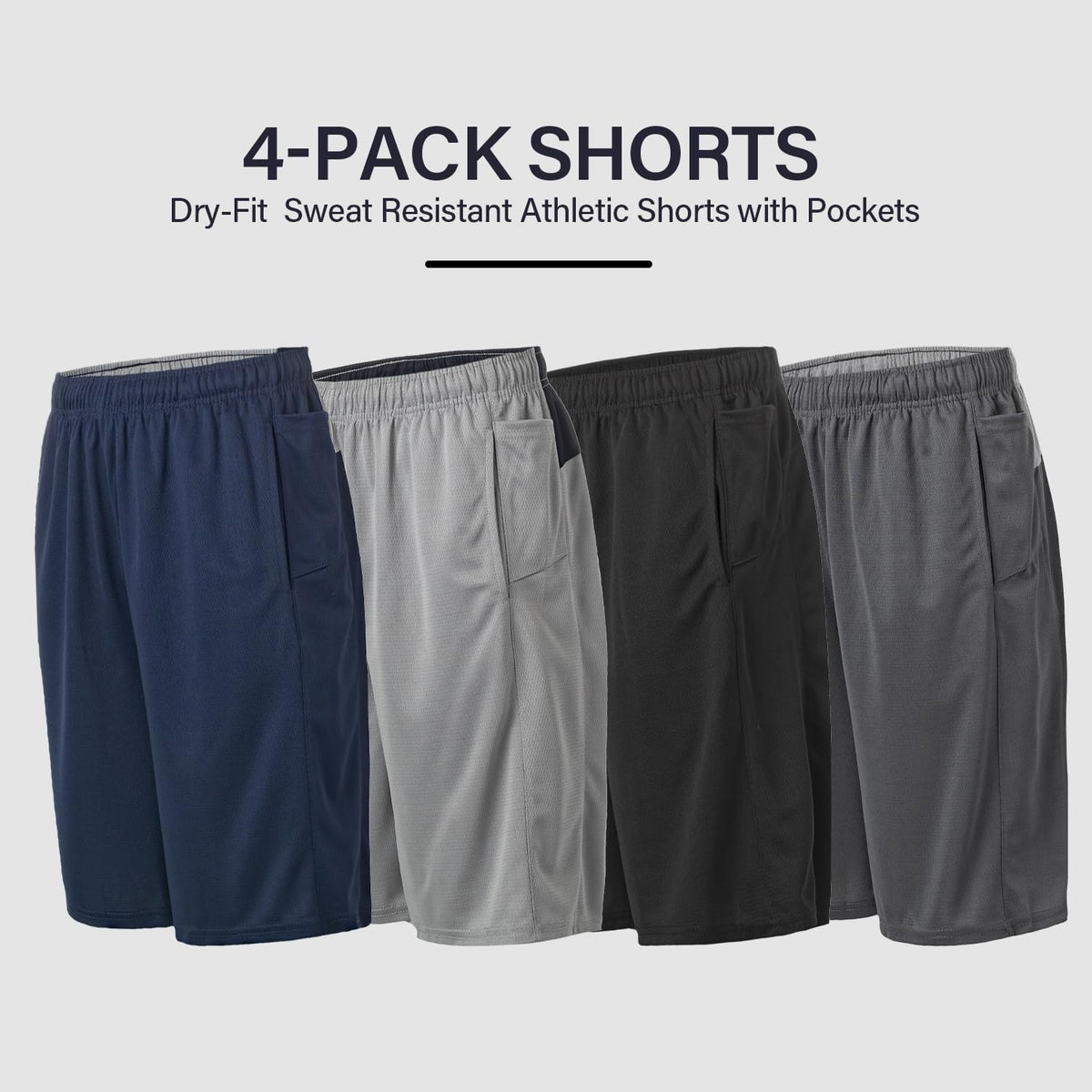 Essential Elements Men’s Athletic Shorts 4 Pack – Quick-Dry Moisture Wicking Basketball, Gym & Workout Shorts with Pockets