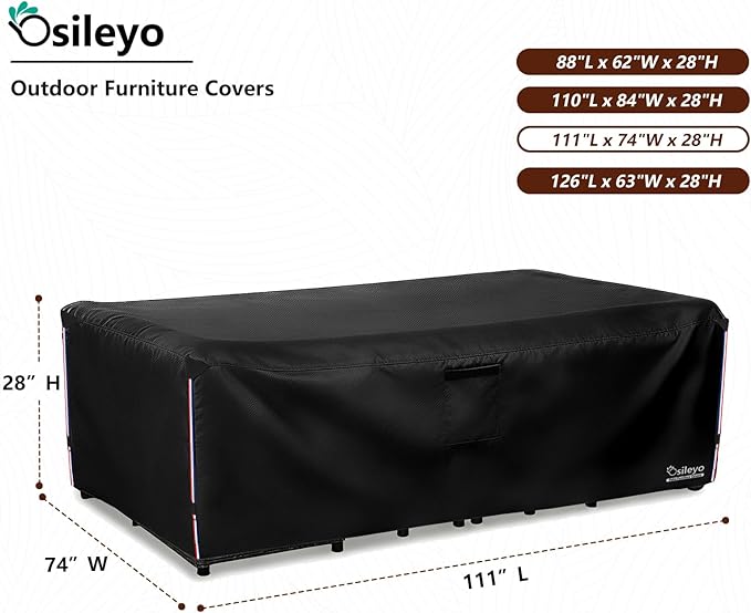 Patio Furniture Covers Waterproof,600D Heavy Duty Patio Cover for 6/7/8 PCS Sets Sectional Sofa Couch Dining Rocking Swivel Chairs Ottomans Coffee Table,111L x 74W x 28H inch Black