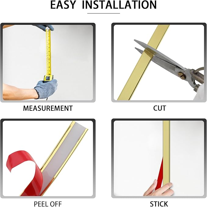 Glossy Gold Peel and Stick PVC Molding Trim, Flexible DIY Wall Accent Strip for Mirror Frame, Cabinet, Edges & Borders and Tiles (197''L x 1.6''W)