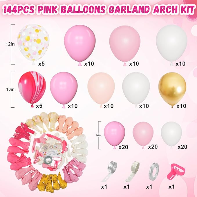 Amandir 144Pcs Pink Balloons Garland Arch Kit Light Pink Gold White Confetti Latex Metallic Balloons for Girl Birthday Baby Shower Wedding Graduation Party Decorations Supplies