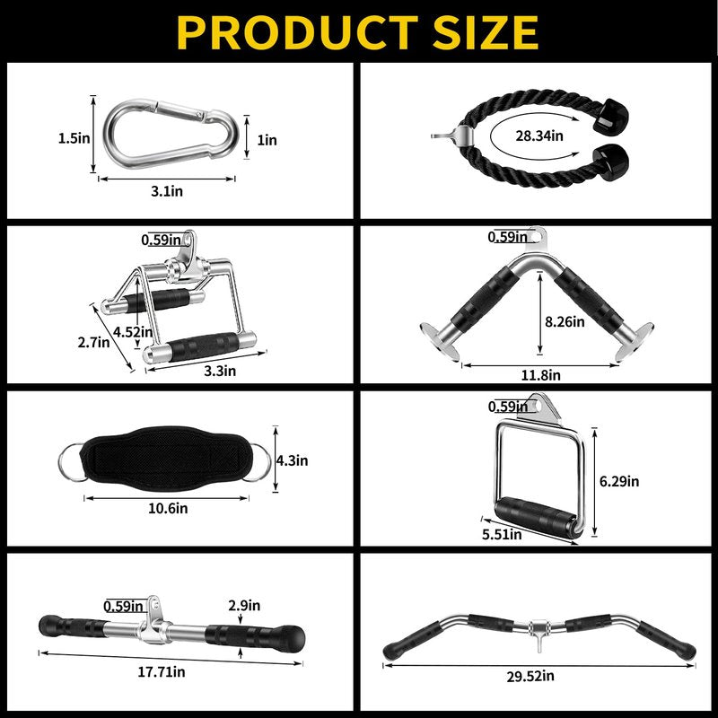 Cable Machine Attachment, LAT Pulldown Attachments, Home Gym Accessories, Triceps Pull Down Attachment (V Handle + Row Handle + Rotating Bar + Tricep Rope + Ankle Straps + D Handle + Curl LAT Bar)