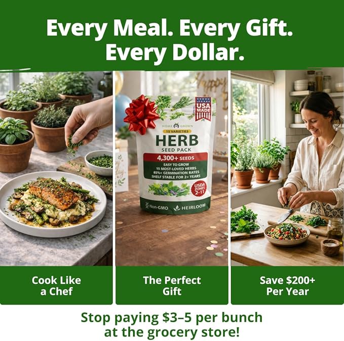 HOME GROWN Herb Seeds for Planting 15-Pack Massive Seed Count 4,300+ Seeds Non-GMO Heirloom | Extra Large | Culinary Herb Kit, Indoor Outdoor & Hydroponic | Grow Your Own Herbs | Gardening Gift