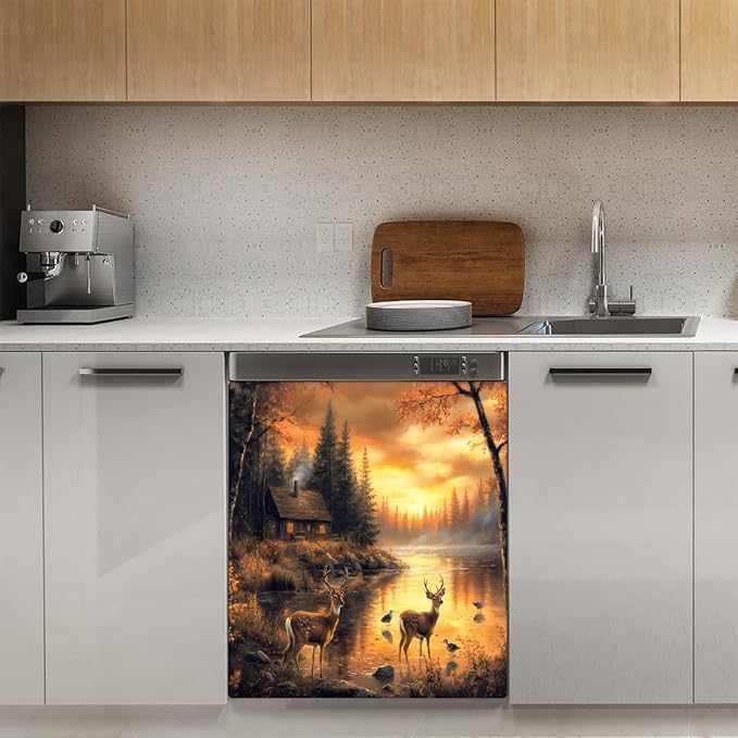 Autumn Deer Lake Forest Dishwasher Magnet Cover for The Front Magnetic Dishwasher Door Covers Dish Washer Sticker Wrap Home Decorative Appliances Panel Decal Kitchen Decor 23" x 26" (Magnetic)