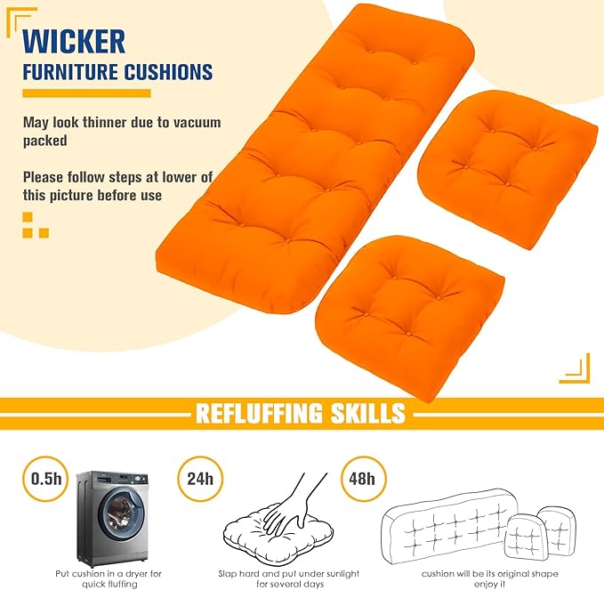 Patio Furniture Cushions Outdoor, Waterproof Wicker Chair Cushions Set of 3, 1 Loveseat & 2 Seat Pads, Thick Outdoor Replacement Cushions for Porch Lawn Bench Couch Sofa Swing, Orange