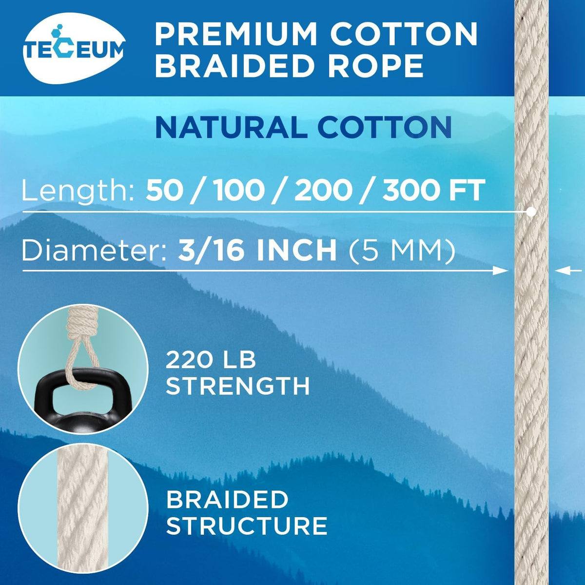 TECEUM 500lb Cotton Rope 3/16” (5 mm) – 50 FT | 100 FT– Strong All-Purpose Braided Rope – Natural Cotton – for Crafting, Сamping, Clothes Line, DIY, Indoor & Outdoor Use – Natural