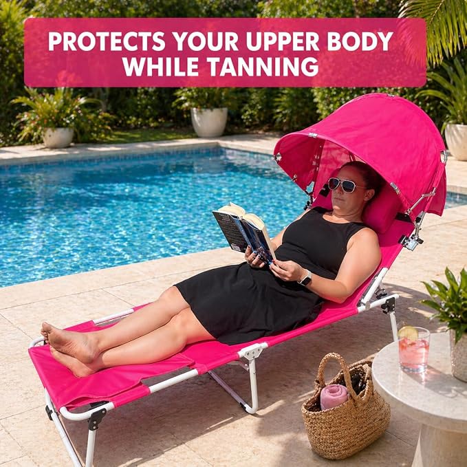 Oversized Extra Wide Tanning Chair with Sun Canopy Face Hole Padded Adjustable Washable, Heavy Duty Layout Folding Lounge Chair for Outside Beach Reading Sunbathing, UPF 50+, XL, Pink, 330 LBS
