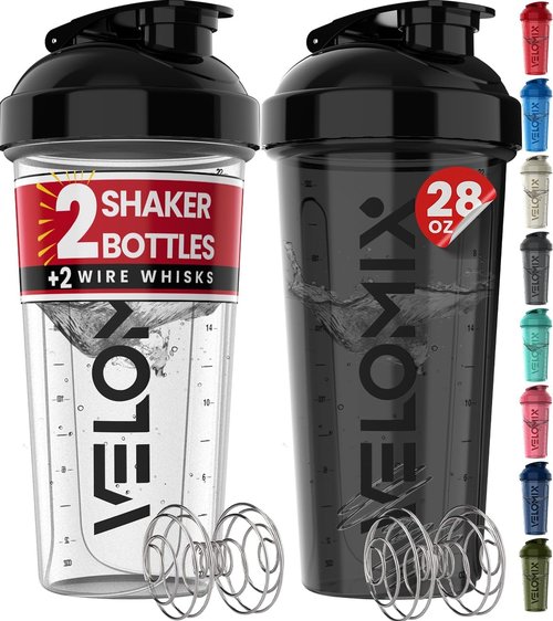 **VELOMIX Protein Shaker Bottles - 28 oz Leak Proof with 2x Wire Whisk | 2 Pack (Black/Transparent)**
