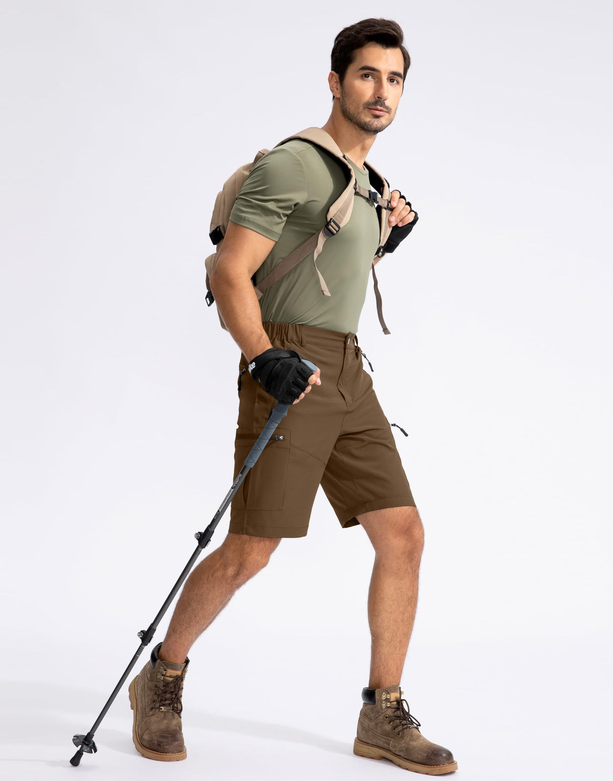 Pudolla Men's Hiking Cargo Shorts 9" Lightweight Outdoor Work Shorts for Men Travel Golf Camping Casual with 5 Zipper Pockets(Brown Small)