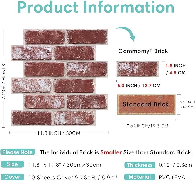 Commomy 3D Peel and Stick Brick Tiles