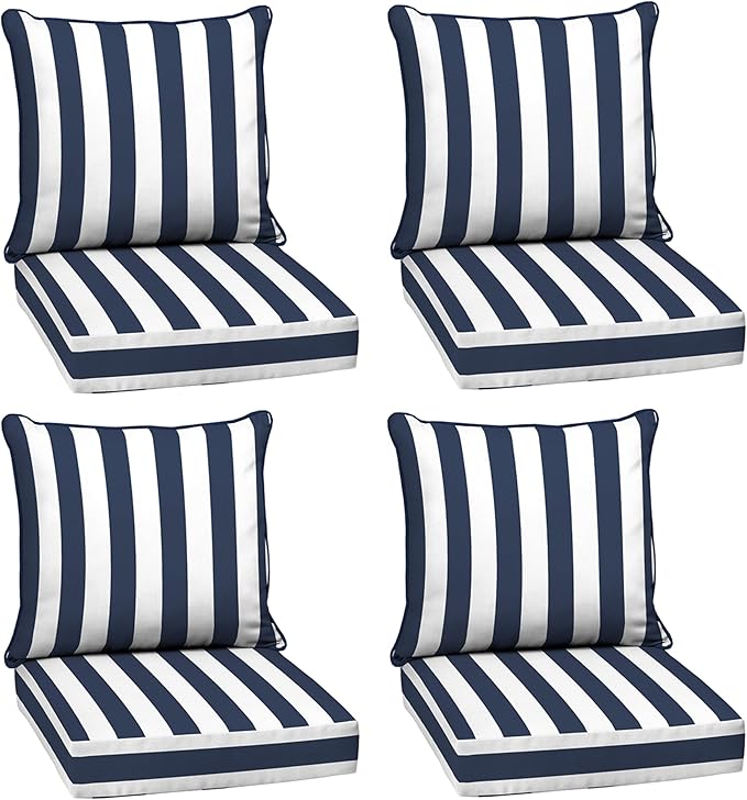 Arden Outdoor Deep Seat Cushion Set (4-Pack), 24 in x 24 in, Weather-Proof, Rain-Proof, Fade Resistant Patio Cushion for Chair, Sofa, and Couch Sapphire Blue Cabana Stripe