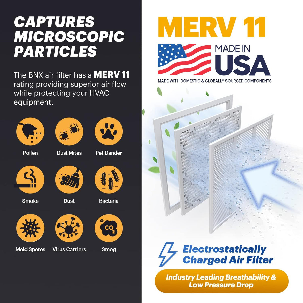 BNX TruFilter 16x20x1 Air Filter MERV 11 (6-Pack) - MADE IN USA - Allergen Defense Electrostatic Pleated Air Conditioner HVAC AC Furnace Filters for Allergies, Dust, Pet, Smoke, Allergy MPR 1200 FPR 7