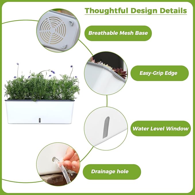 2 Pack Rectangular Planter 17 x 4.5 in Self Watering Planter Window Sill Planters Indoor Rectangle Planter Self Watering Pots Plastic Plant pots with Drainage Holes White Flower Pot Indoor