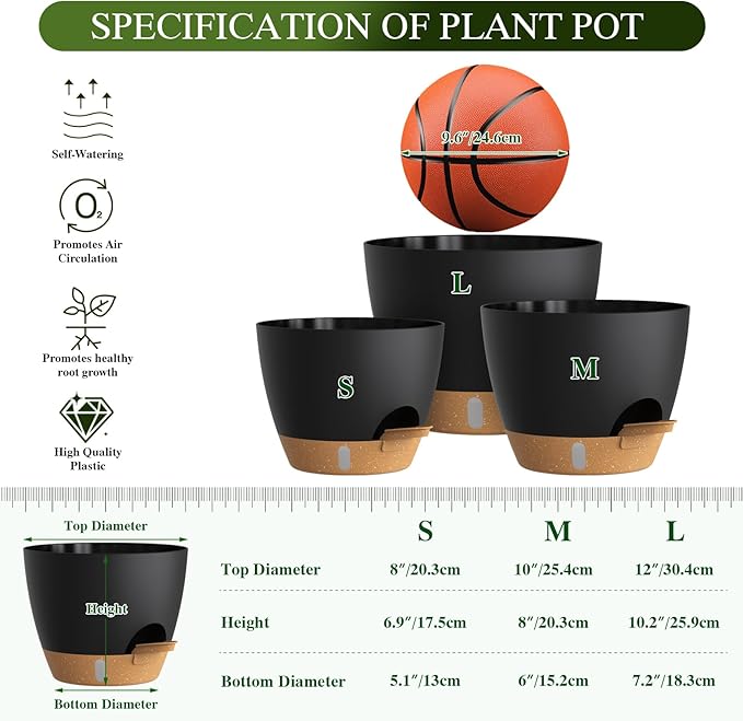Self Watering Pots with Drainage Holes, 3 Pack 12/10/8 Inch Plant Pots with Water Level Indicator Deep Reservoir, Large Plastic Planter for Indoor Outdoor Plants - Black Brown