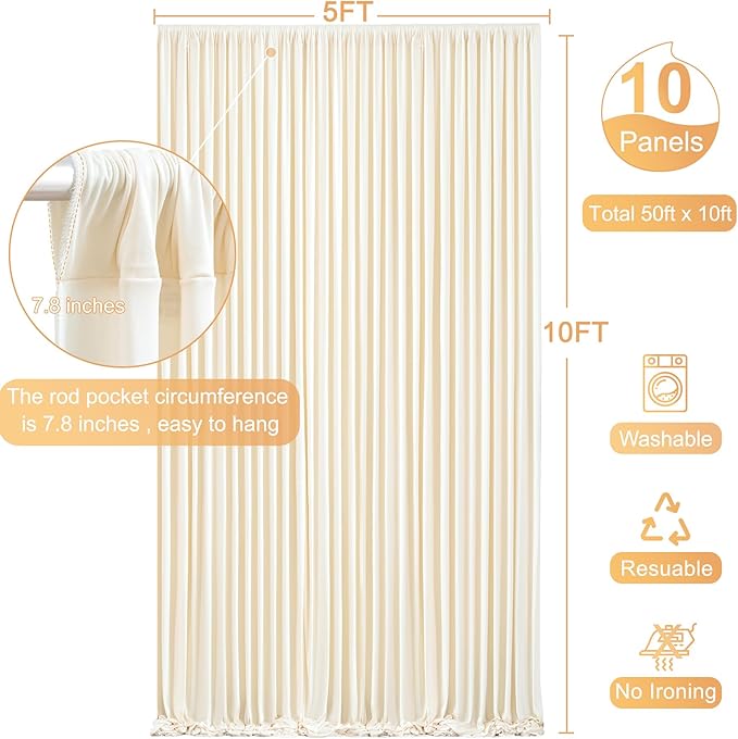 10 Panels Champagne Backdrop Curtain for Parties Wedding Baby Shower Wrinkle Free Photo Curtains Backdrop Drapes Fabric Decoration for Bridal Shower 50ft(W) x 10ft(H)