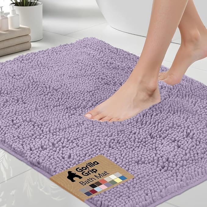 GORILLA GRIP Bath Rug Mat 60x24 Thick Soft Absorbent Chenille, Quick Dry Microfiber Mats, Rubber Backing Washable Shower Floor Rugs, Bathmat Runner Bathroom Home Decor Accessories Light Purple