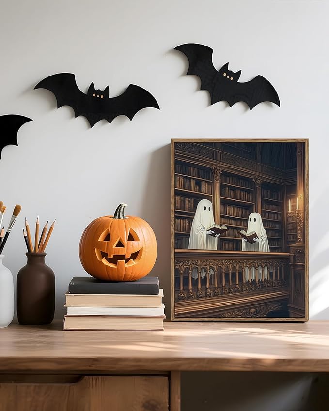 InSimSea Framed Canvas Prints Art Vintage Decor, Cute Reading Ghosts Library Painting, Moody Spooky Dark Academia Wall Art for Bathroom, Halloween Witchy Room Wall Cottagecore Decor, 12x16inch