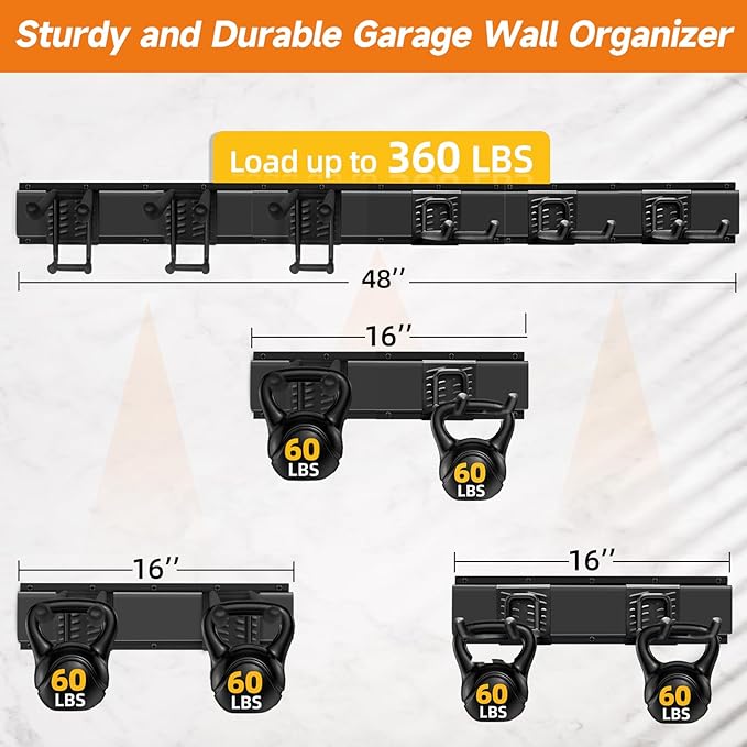 Garage Tool Organizer Wall Mount, Heavy Duty 48 Inches Garage Organization and Storage Racks for Yard Tools with 6 Hooks, Tool Hangers Holders for Hanging Folding Chair, Rake and Shovel