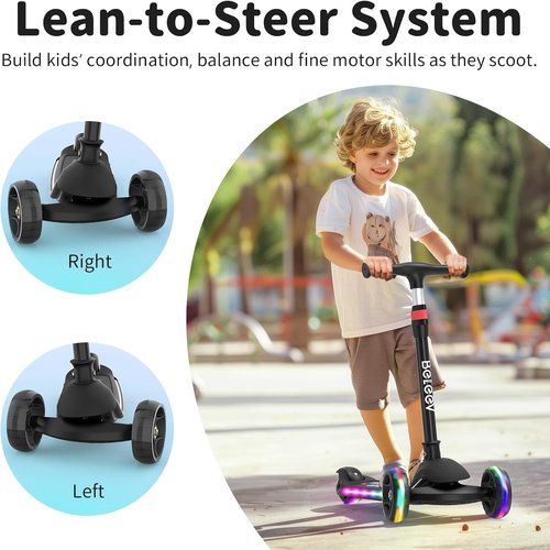 BELEEV A9 Kids Scooter - LED Light-Up Wheels & Deck, Adjustable Handlebar, 3-Wheel Design for Ages 3-12