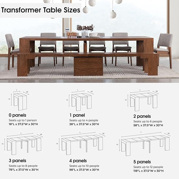 Transformer Table - Solid Wood Extendable Dining Table, Seats 2-12, Expandable Dining Room Table, Space-Saving Furniture, Kitchen and Dining Room Furniture (Brown, Table + Bench)