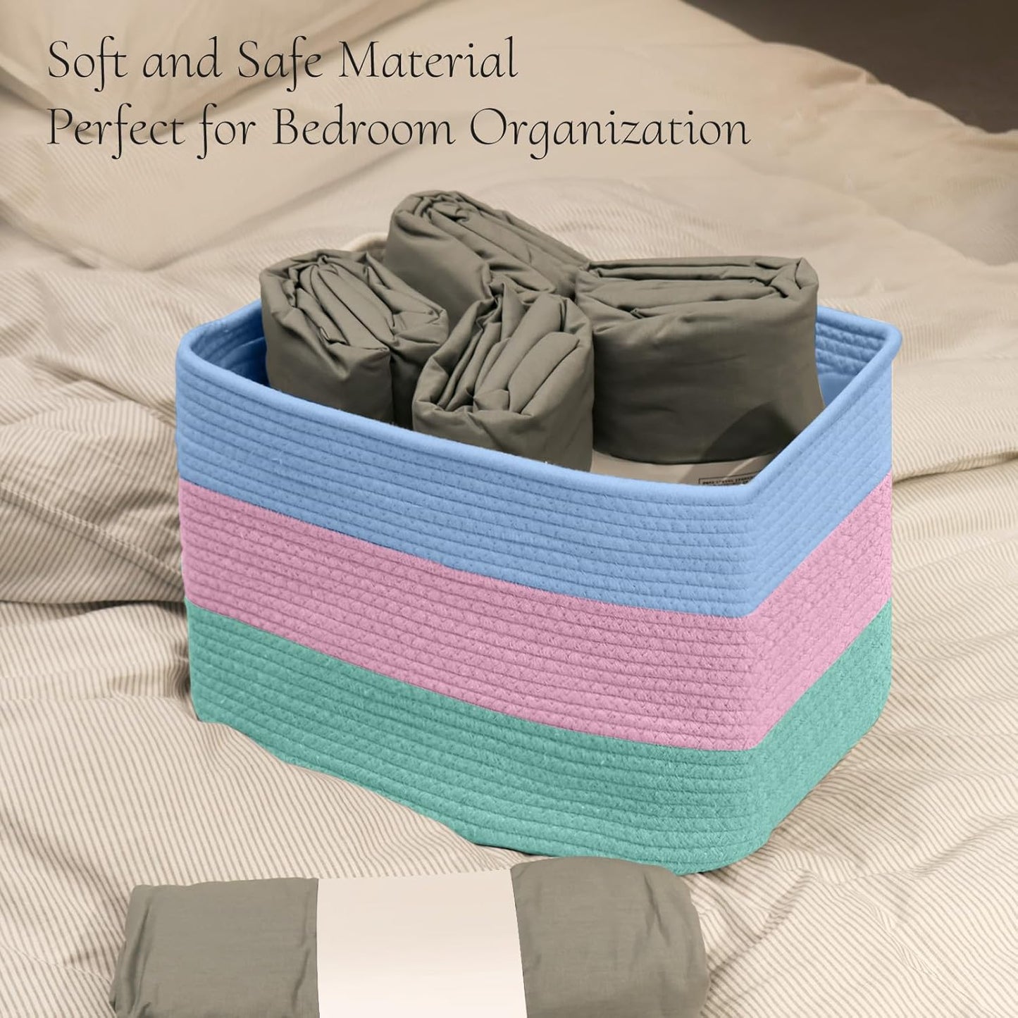 Hopegiver Woven Storage Baskets 15x11x10 Inch, 1 Pack Collapsible Cube Storage Bin for Shelves - Foldable Cotton Rope Organizer Bins for Towels, Toys, Books, Closet, Nursery (Blue Pink Green)