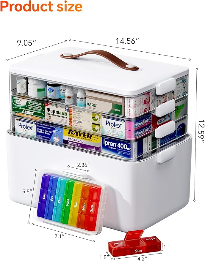 Large Medicine Cabinet Organizer with Tall Bottle Storage Bin & 7-Day Pill Box, 4-Tier Medicine Storage Organizer, Family First Aid Box Empty for Home(4C Medicine Box + Fabric Set)