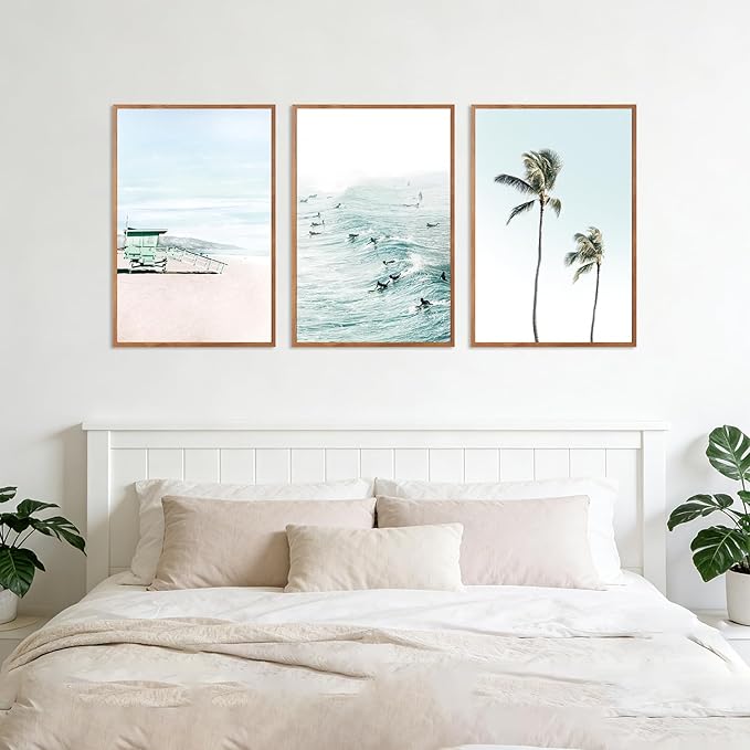 CHDITB Coastal Beach Framed Canvas Wall Art Set of 3, Ocean Surfing Wall Decor, Tropical Palm Tree Artwork, Nautical Poster, Modern Waves Surfing Painting for Living Room, Bedroom, Office 16"x24"