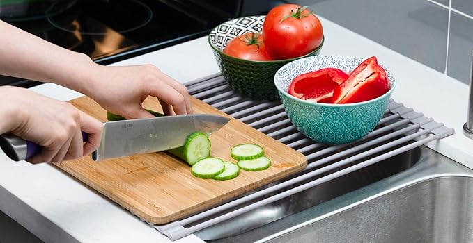 Surpahs Over Sink Foldable Multipurpose Roll-Up Dish Drying Rack, Silicone Wrapped Stainless Steel, Warm Gray, 17.5" x 13.1"