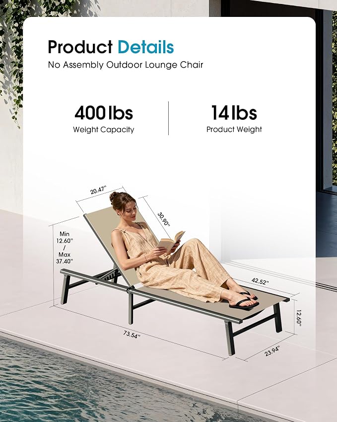 Ciokea Foldable Outdoor Lounge Chair Set of 4, No Assembly Aluminum Chaise Lounge Outdoor with 5-Positions, Aluminum Pool Lounge Chairs with Portable Design for Pool, Deck, Beach, Patio (Khaki)