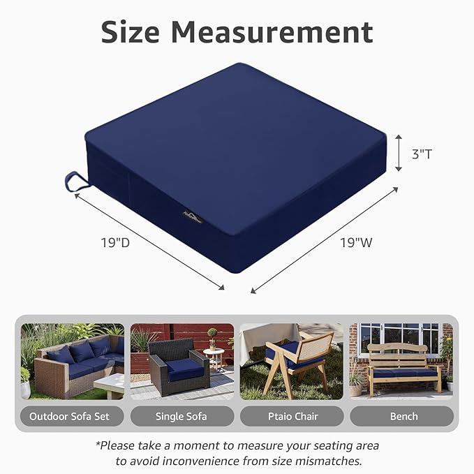 PatioGlow Outdoor Chair Cushions 19 x 19 x 3 Inch, Waterproof & Fade Resistant Patio Seat Cushion for Furniture with Handle and Ties, Thick Seating Pads for Outside Sofa Couch Set of 2, Dark Blue