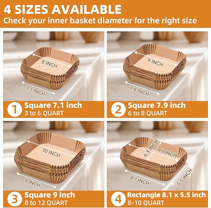 Air Fryer Paper Liners XXL for 8-12 Qt Airfryer, 200pcs 9-10 inch Square Thickened 50gsm Disposable Parchment Tray