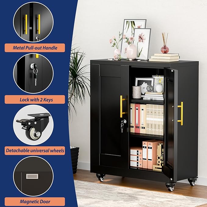 Metal Storage Cabinet-35” Tall Steel File Cabinets with Lockable Doors and Adjustable Shelves, Steel Tool Cabinet with Wheel for Home, School, Office, Garage Black