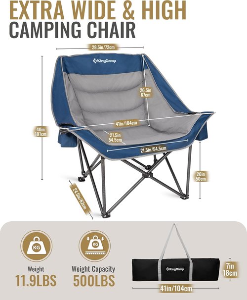 KingCamp Oversized XL Camping Chair - Heavy Duty 500lbs Folding Couch with Cooler Bag & Cup Holder