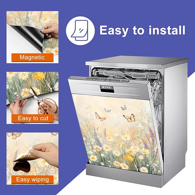 Dishwasher Magnet Cover 23x26 in Watercolor Daisies and Butterflies in Pastel Scene Magnetic Dishwasher Cover for Kitchen Appliance Decoration Front Panel Sticker Home Decor