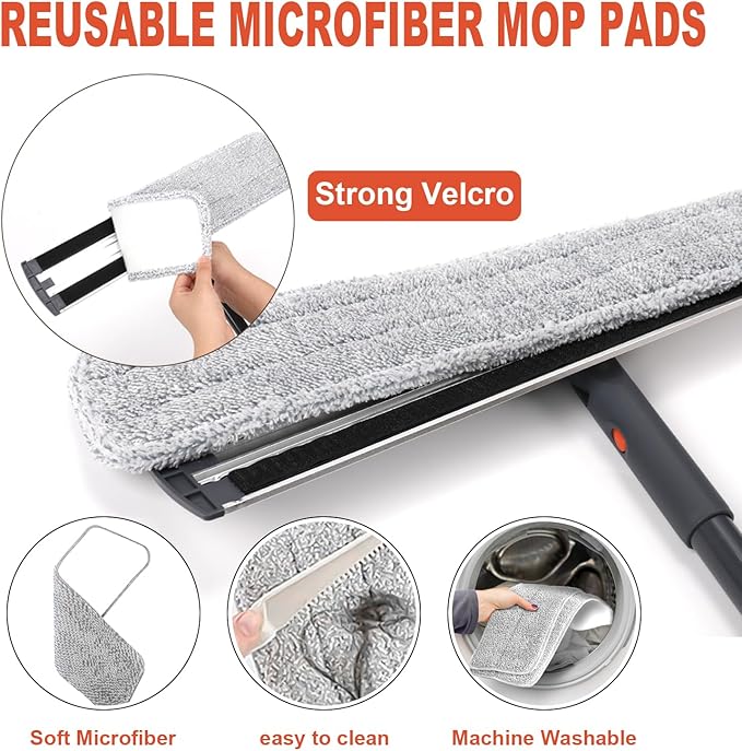 24in Flat Mop for Cleaning Floors, Heavy-Duty Microfiber Wet Mop with Easy Wringing & Deep Cleaning, Includes 4 Reusable Mop Cloths and Adjustable Long Handle